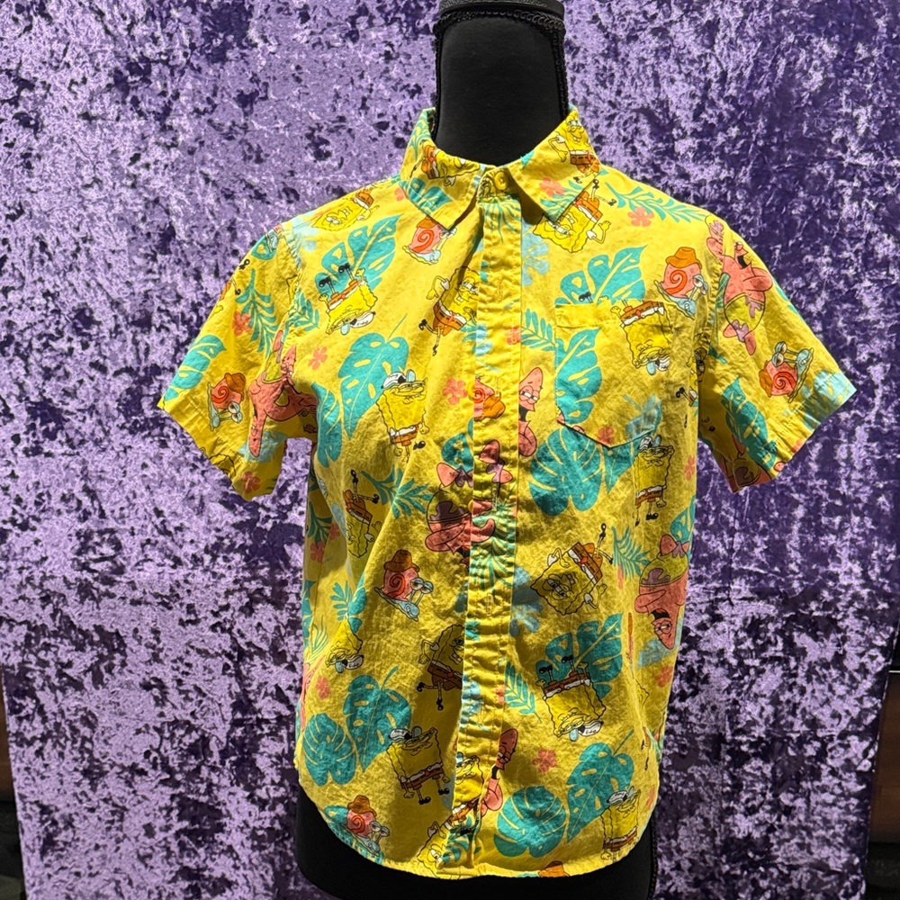 Nickelodeon SpongeBob Squarepants Bright Yellow Leaf Print Button Down Shirt